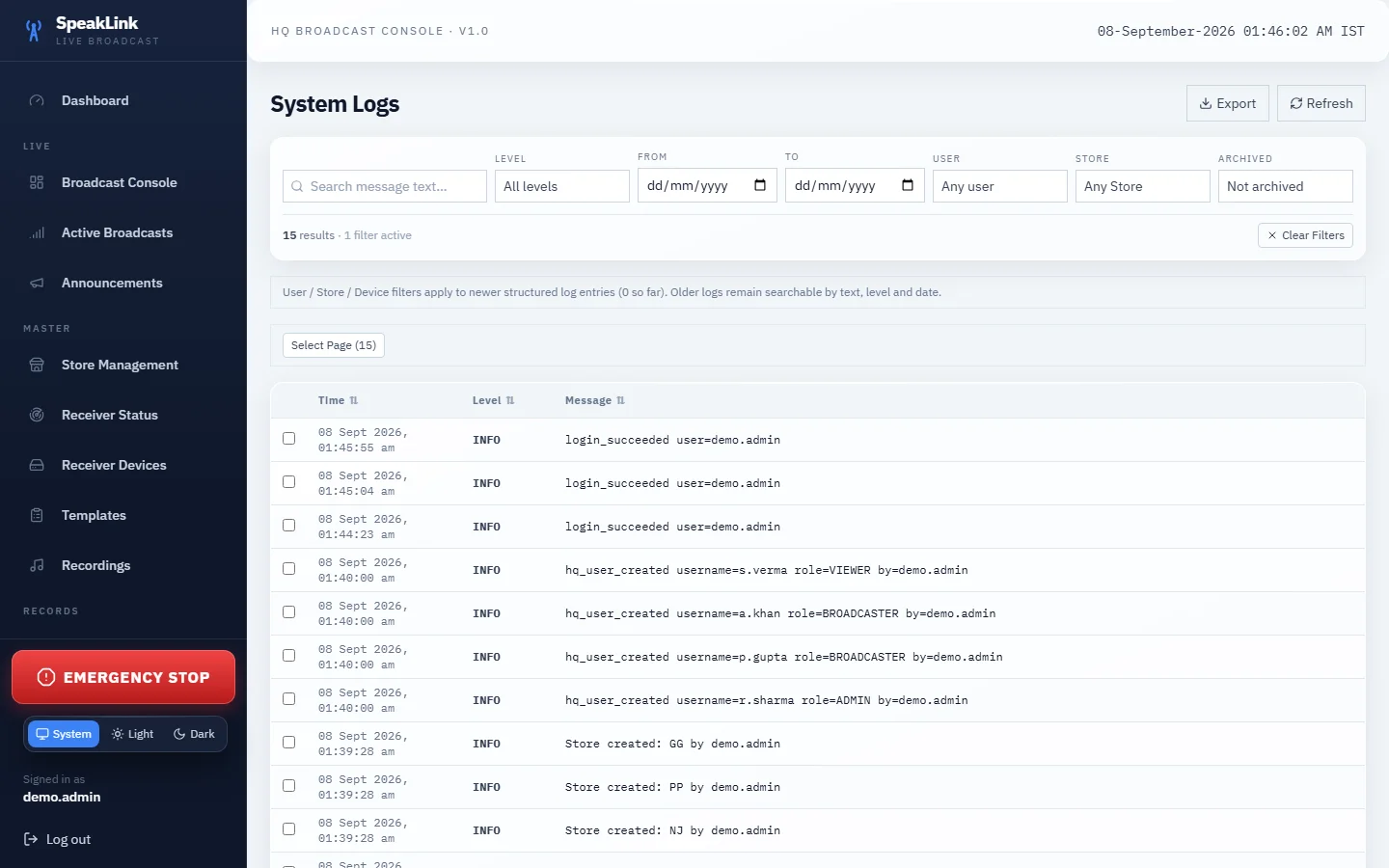 speak system logs